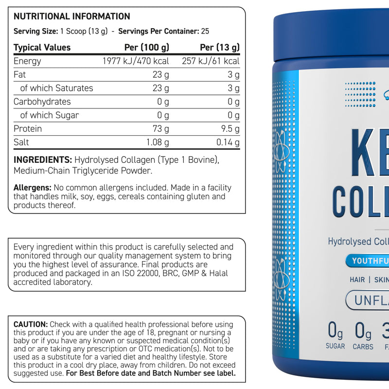 Applied Nutrition Keto Collagen Powder - Keto Collagen Protein with MCT, Ketogenic & Paleo Diet, Zero Sugar & Carbs, Healthy Skin, Hair, Nails (Unflavoured) (325g - 25 Servings) 25 Servings (Pack of 1)
