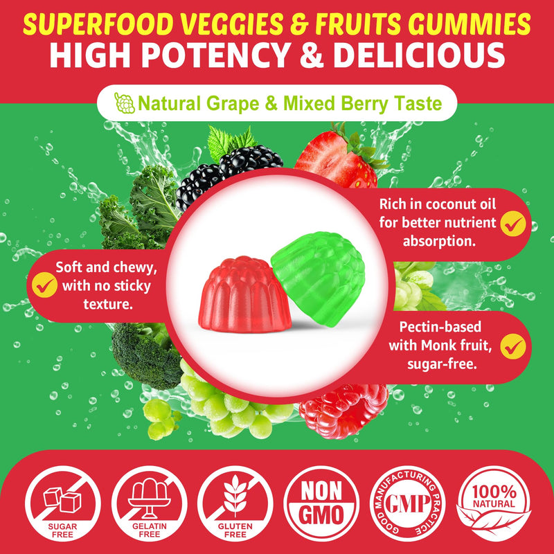 Super Greens Gummies with 50+ Veggies & Fruits, Methylfolate & Methyl B12 | Daily Greens Supplement for Men & Women, Whole Food to Boost Immunity, Energy, Antioxidant, Probiotics - Gut Health, 120cts