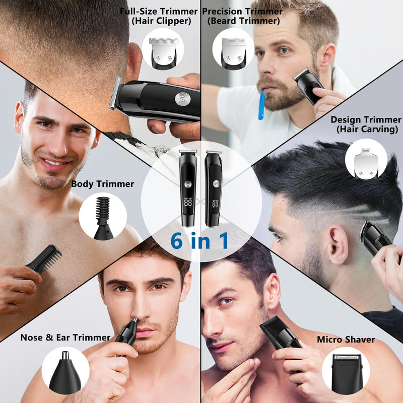 [Australia] - AMULISS Men's Beard Trimmer Kit, 6-in-1 Multi-Functional Trimmer with Nose Trimmer, Body Groomer, USB Cordless, Waterproof 