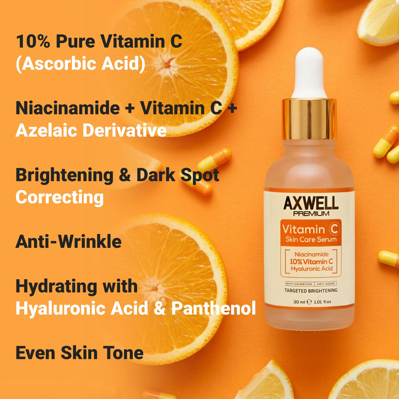 Axwell Vitamin C Serum for Face – 10% Vitamin C + Niacinamide – Daily Glow & Radiance Facial Serum with Hyaluronic Acid – Hydrating Skin Care for Even Tone (1 fl oz)