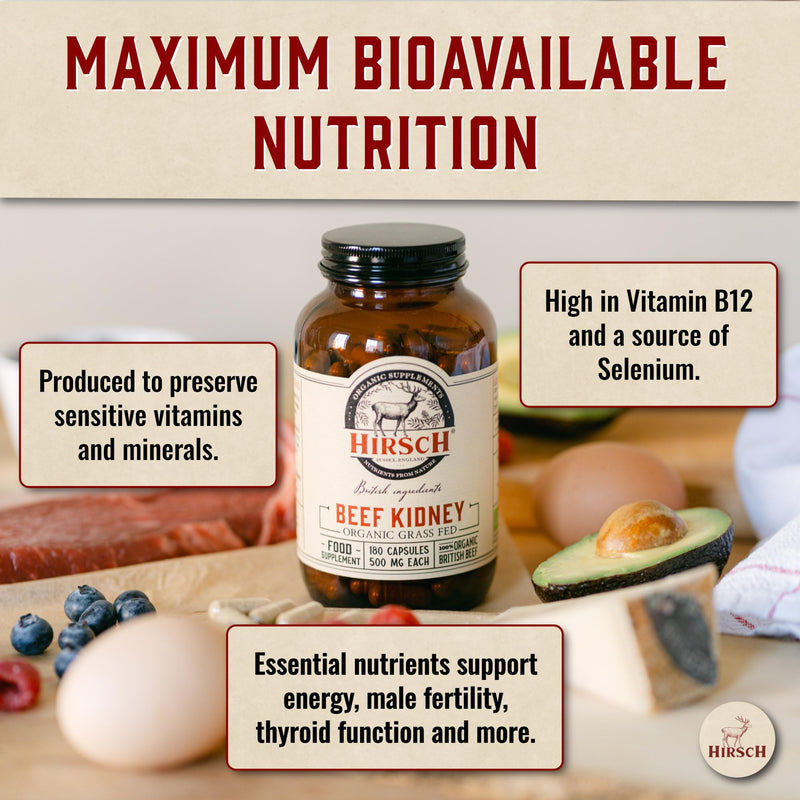 Hirsch Organic UK Grass Fed Beef Kidney Supplement - Soil Association Certified 100% Organic and Glyphosate Free & Vitamin & Mineral 3rd Party Tested