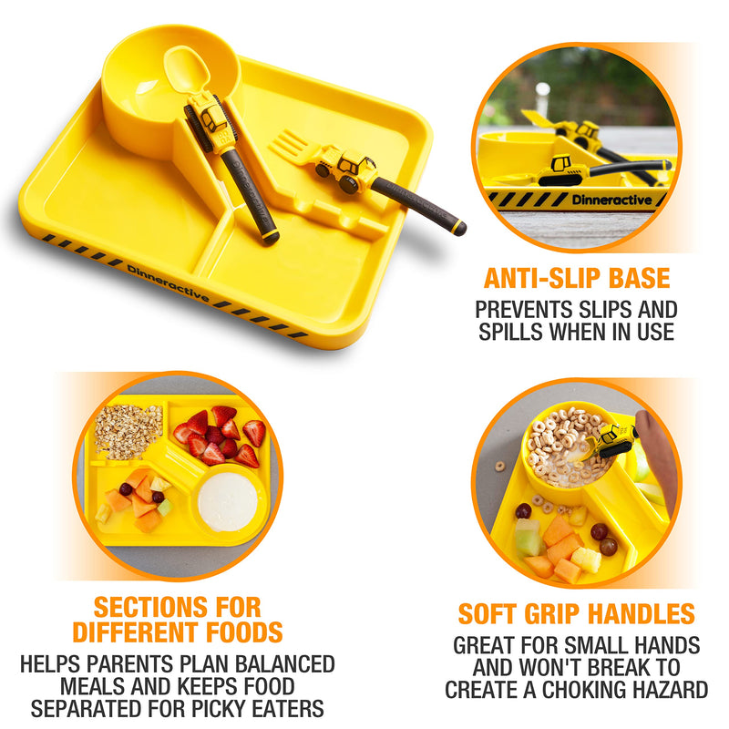 [Australia] - Dinneractive Dining Set for Kids - 3 Piece Construction Themed Toddler Utensils & Toddler Plates - Toddler Forks and Spoons - Kid Plate set Yellow 
