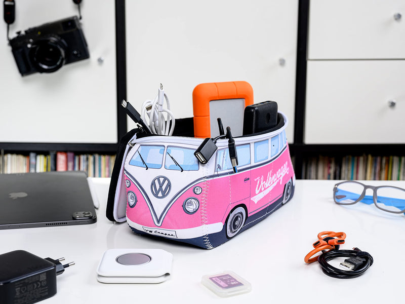 BRISA VW Collection - T1 Bus Camper Toiletry Bag Cosmetic Case | Volkswagen Toiletry Bag Cosmetic Case, Water-Repellent, Hanging Hook, 4 Mesh Pockets for Travel, Neoprene, Pink Large Large (11.8 X 5.5 X 4.7 Inches)