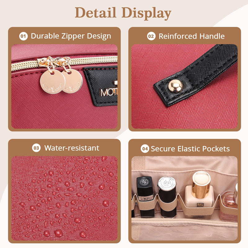 Travel Makeup Bag Organizer for Women: 3-in-1 Large Capacity Cosmetics Bag | Vegan Leather Flat Open Toiletry Bag with 2 Removable Skincare Pouch - Portable Travel Essentials for Full-Sized Bottles B05-Red