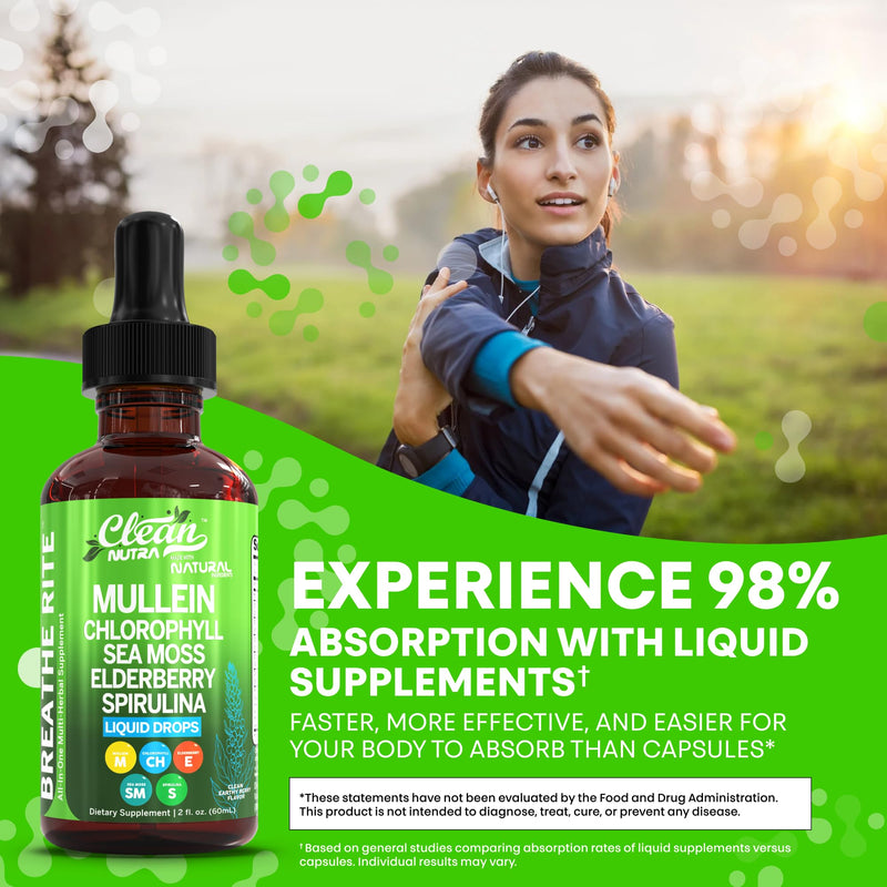 [Australia] - Clean Nutra Mullein Drops for Lungs Organic Chlorophyll Liquid Irish Sea Moss, Spirulina, Licorice, Tart Cherry Lobelia, Motherwort & Elderberry Mullein Leaf Extract Tincture Men Women Supplement 