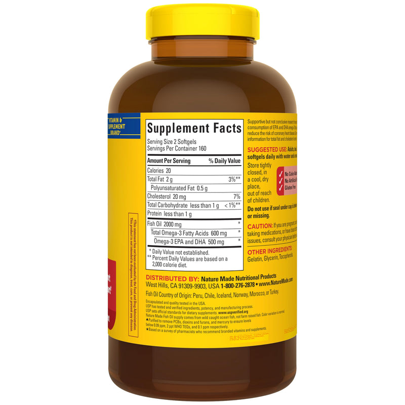 Nature Made Fish Oil Omega 3 Supplements, 1000mg Softgels, 320 Softgels | Omega 3 Fish Oil for Healthy Heart Support, Gluten Free, Dairy Free, 160 Day Supply 320 Count (Pack of 1)