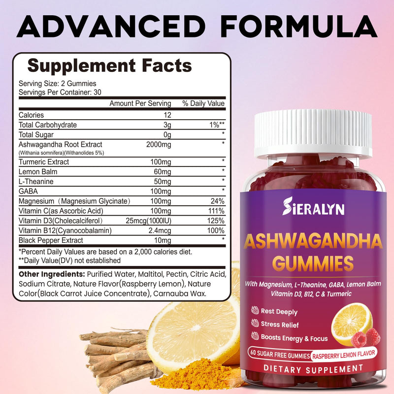 Ashwagandha Gummies Supplements 2000mg for Women Men, Vegan, Sugar-Free | Organic Ashwagandha Root Extract with D3, L-Theanine for Calm & Relax, Non-GMO, Gluten Free, 120 Count, 60-Day Supply 60 Count (Pack of 2)