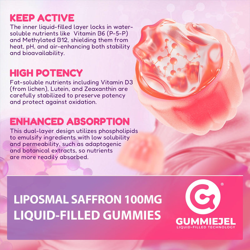 Liposomal Saffron Gummies 100mg with Magnesium Glycinate 200mg, 60 Servings | 25 IN 1 Saffron Extract Supplements w/ Ashwagandha, Rhodiola, L-Theanine, GABA & Rosemary for Calm Mood, Focus, Sugar Free 60 Count (Pack of 1)