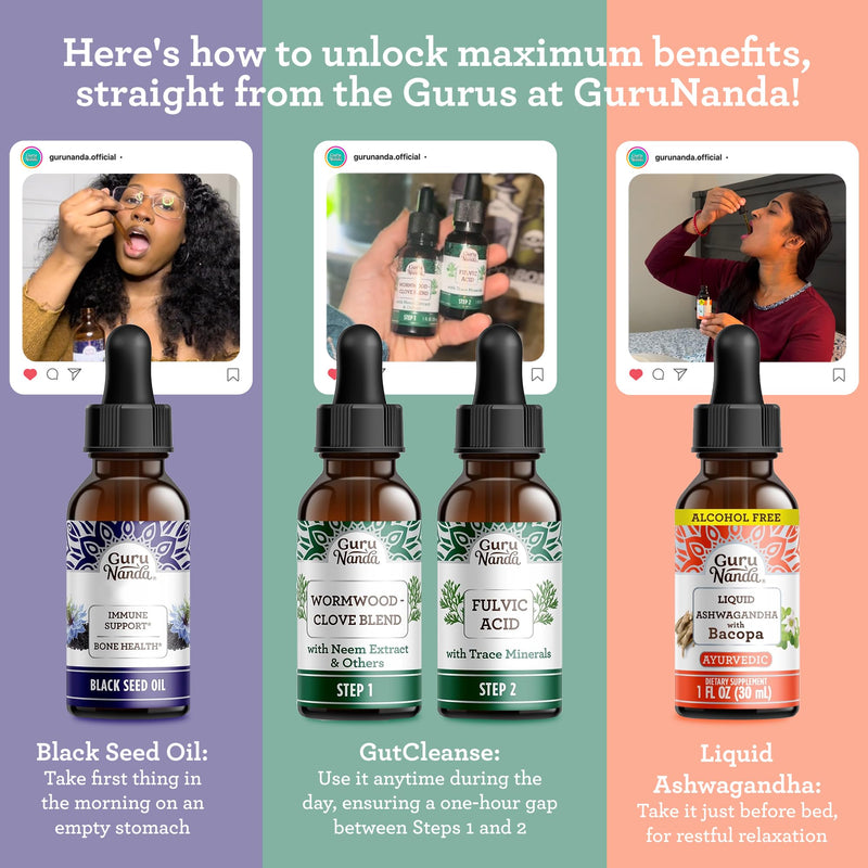 [Australia] - GuruNanda Total Wellness Boost with Liquid Ashwagandha, Black Seed Oil & GutCleanse - Helps with Immunity and Mind Care 
