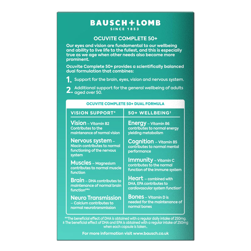 Ocuvite Complete 50+ Eye Supplement - Supports the Visual System & 50+ Wellbeing by Bausch + Lomb – Lutein and Zeaxanthin Supplement with Omega 3 DHA & EPA, Vitamin B6 & Vitamin D, 2 Capsules Per Day