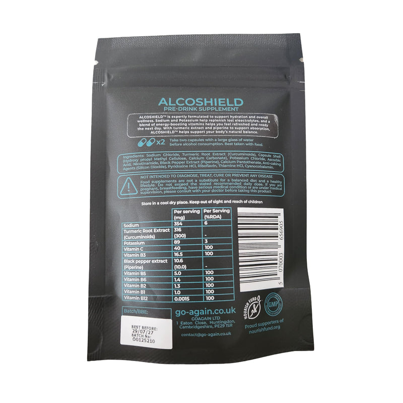 Alcoshield Pre Drink Antioxidant and Vitamin Support Capsules with Turmeric Vitamin C B Complex and Electrolytes for Social Evenings 40 Capsules Made in UK
