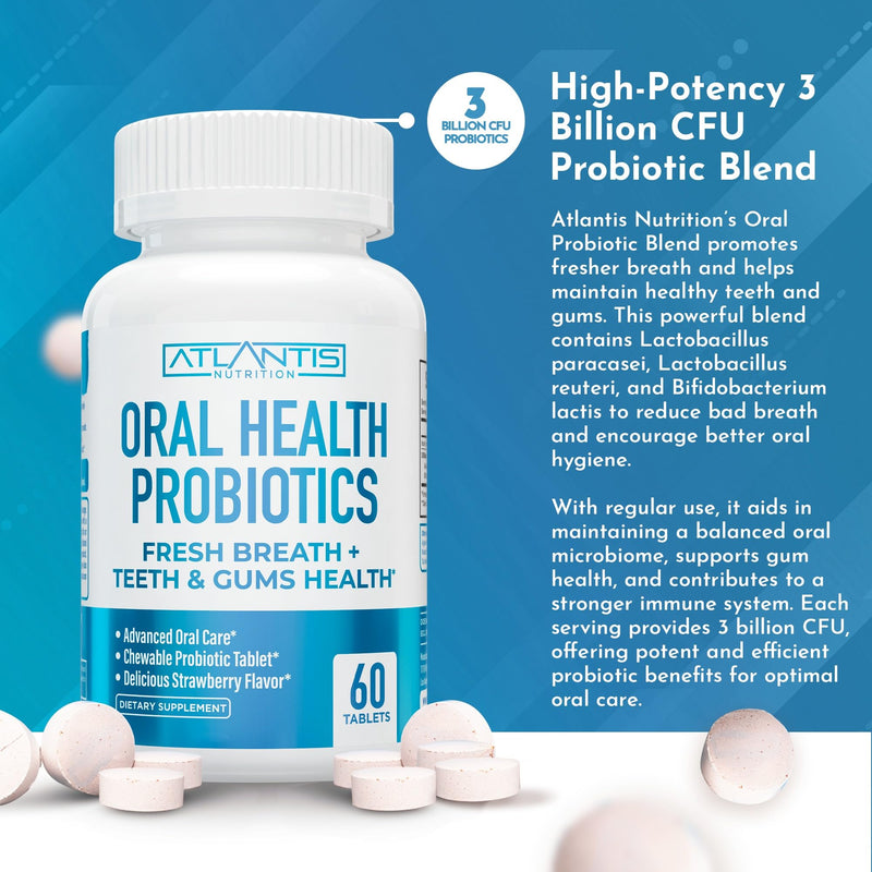 [Australia] - Atlantis Nutrition Oral Probiotics Chewable Tablet - Dental Probiotic for Gum Care & Teeth Care - Bad Breath Treatment for Adults - 3 Billion CFU Probiotic Blend - Strawberry Flavor - 60 Tablets 60 Count (Pack of 1) 