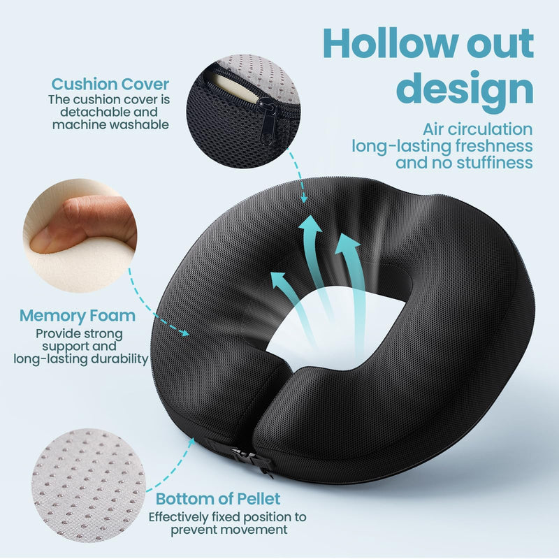 [Australia] - Benazcap Donut Pillow Seat Cushion for Tailbone Pain Relief, Strong Support Memory Foam Hemorrhoid Pillow by Ergonomic for Coccyx, Sciatica, Pregnancy, Postpartum 17.3"x15.3"x3" Black 