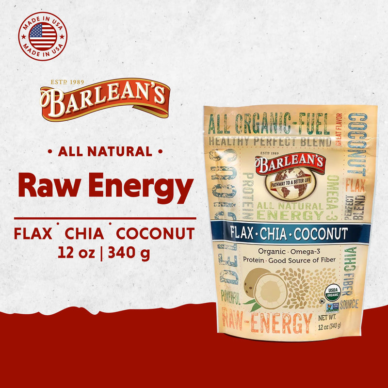 Barlean's Organic Flax Chia Coconut Seed Blend with 2,330 mg Omega 3 Fatty Acids, Fiber Supplement with Whole Chia Seeds and Ground Flaxseed, 12 oz Flax-Chia-Coconut 12 Ounce (Pack of 1)