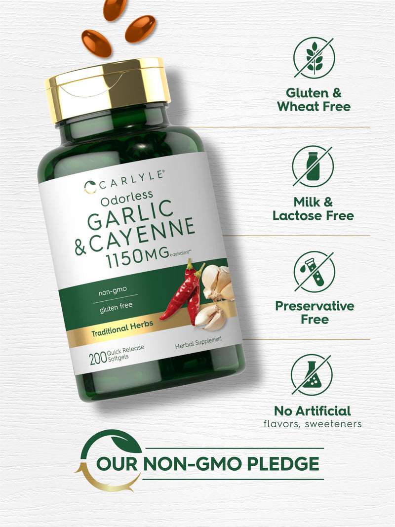 Carlyle Odorless Garlic and Cayenne 1150mg | 200 Softgels | Non-GMO, Gluten Free Supplement