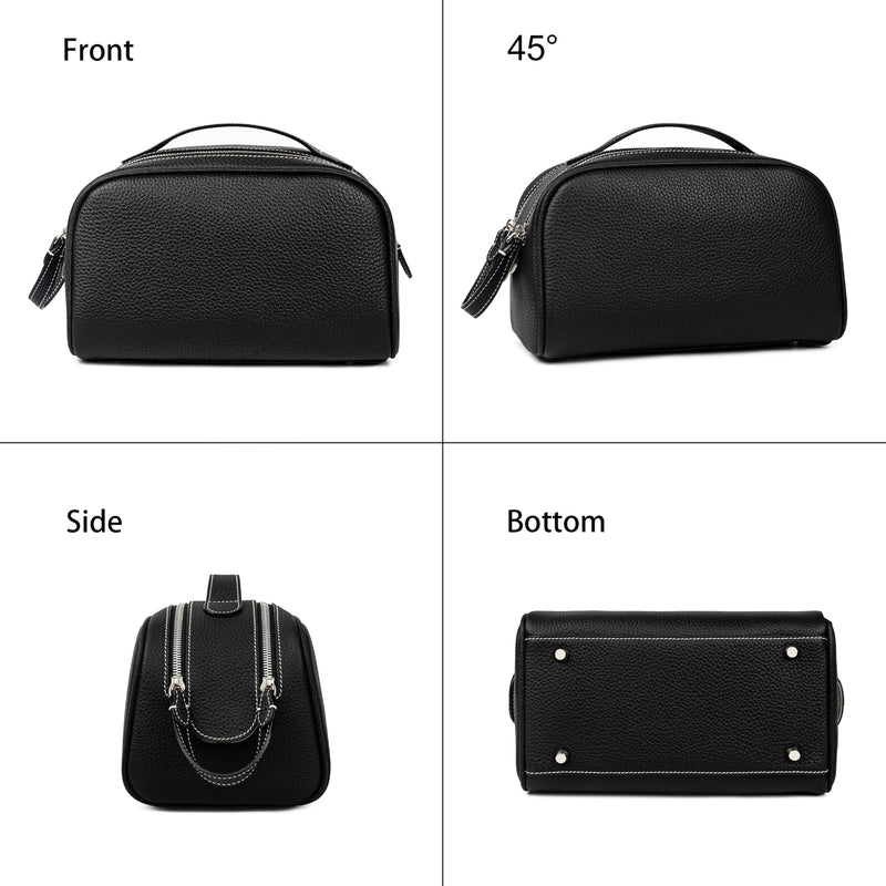 DORIS&JACKY Genuine Leather Toiletry Bag for Women and Men, Large Travel Handmade Makeup Case and Cosmetic Accessories Organizer Zipper Pouch with Carry Handle (1-Black) 1-Black