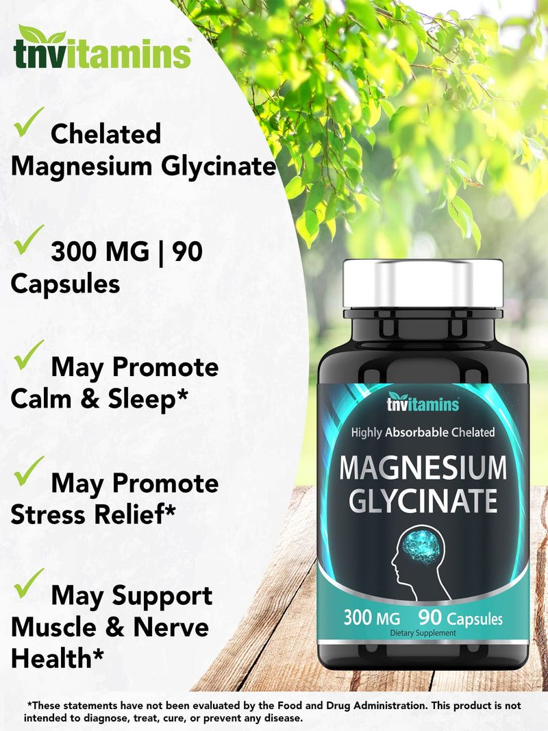 [Australia] - Magnesium Glycinate Capsules (300 MG x 90 Count) | Pure Chelated Magnesium Bisglycinate Powder Supplement | Glicinato de Magnesio | Calm, Sleep, Muscle, Nerve, & Stress Support* | by TNVitamins 
