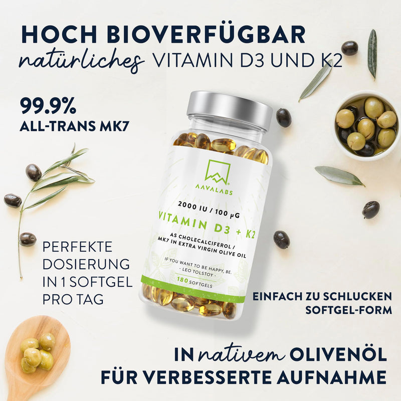 [Australia] - Vitamin D3 K2 high dosage with virgin olive oil - Vitamin D high dosage 2000 IU + Vitamin K2 MK7 100μg - sunshine vitamins Vitamin D K2 GMO, gluten and lactose free 180 Vitamin D3 K2 capsules high dosage 