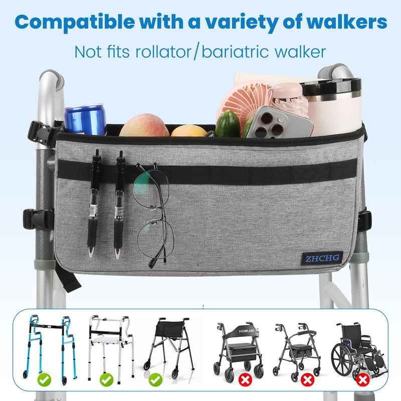 [Australia] - Walker Basket for Seniors, Walker Accessories, Folding Walker Bag with Large Capacity & Never Tipping Over, Best Gift- Gray (Not Fit Rollator Walkers) 