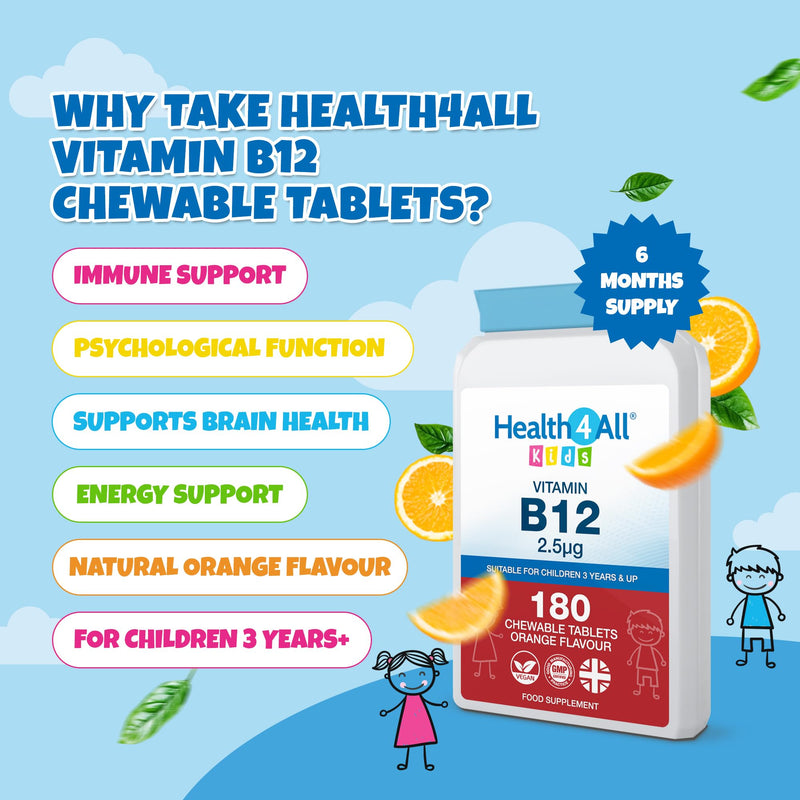Health4All Kids Vitamin B12 2.5mcg 180 Chewable Tablets 6 Months Supply, Vegan VitB12 Methylcobalamin Supplement for Children 3+, Sugar-Free, Natural Orange Flavour | Made in UK (not Gummies) 180 count (Pack of 1)