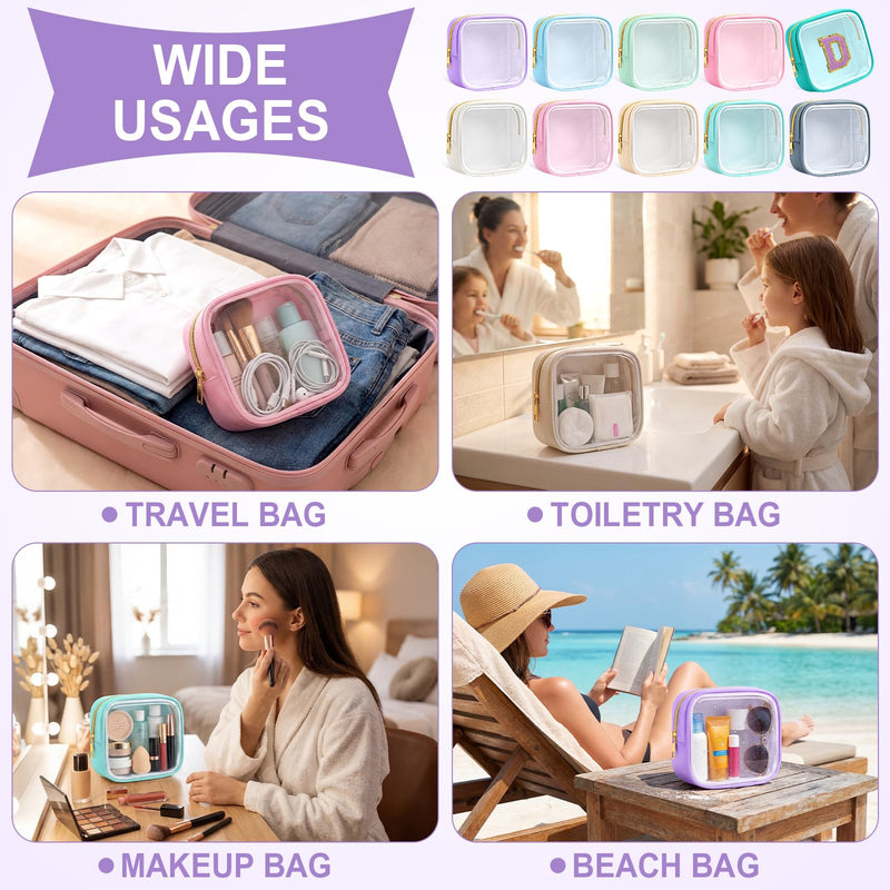 10 Pcs Initial Clear Makeup Bags Mini Personalized A-Z Preppy Patch Chenille Letter Cosmetic Bag Preppy Nylon Makeup Bag Small Pouch Waterproof Toiletry Bags for Women Wedding Bride Gift(Clear) Macaron Colors