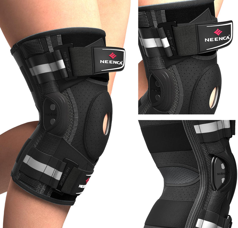 [Australia] - NEENCA Professional Knee Brace for Knee Pain, Hinged Knee Support with Patented X-Strap Fixing System, Medical for Pain Relief, Arthritis, Meniscus Tear, ACL, PCL, MCL, Runner, Sport -FSA/HSA Eligible Large Black - Single 