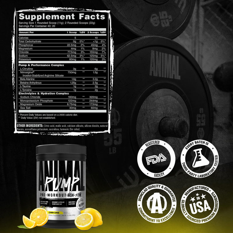 Animal Pump NS Stim-Free Pre Workout Powder for Men & Women - Caffeine-Free Preworkout for Energy, Focus and Muscle Builder, Beta Alanine, Citrulline, Nitrosigine and Nootropics, Lemon Surge, 442g