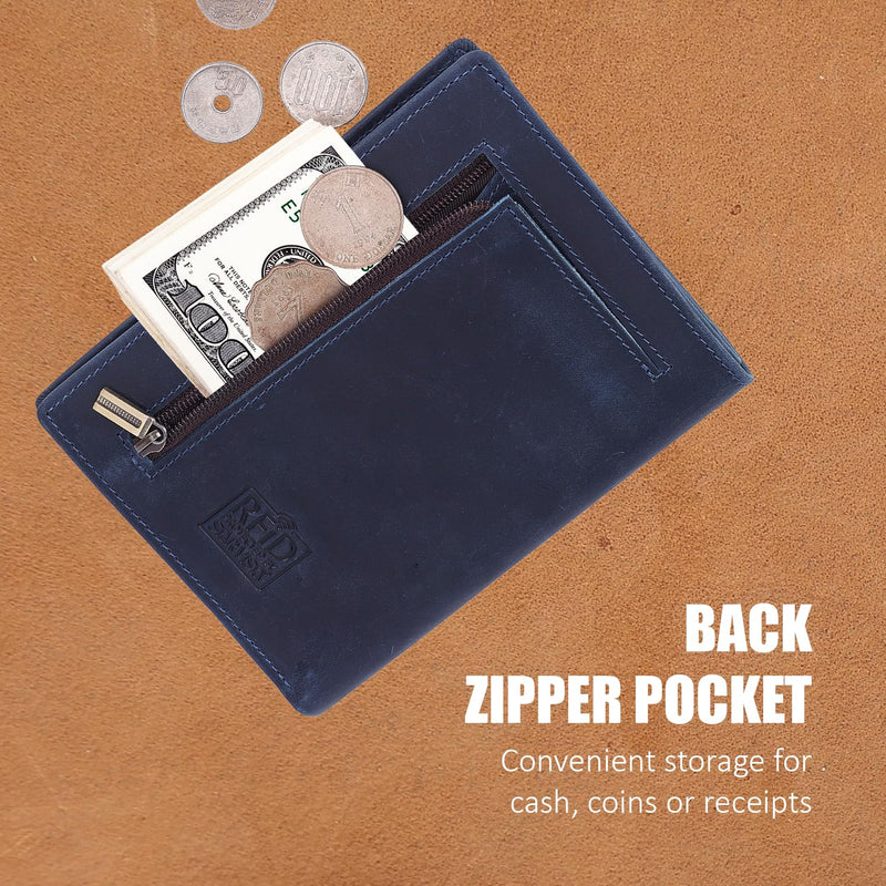 STAR VISTA Carmen Leather Passport Wallet, Dual Bifold Cash Pockets, RFID Blocking, ID Window, 6 Card Slots, Coin Pocket, SIM Slots, AirTag Slots, Navy Blue