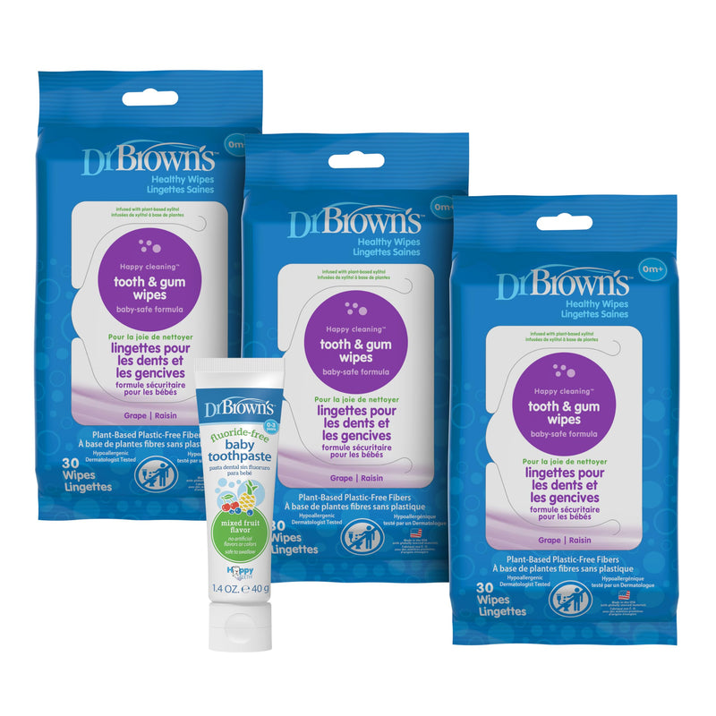 Dr. Brown's Tooth and Gum Wipes, 30 Count, 3-Pack & Fluoride-Free Baby Toothpaste,Infant & Toddler Oral Care,Mixed Fruit,1-Pack,1.4oz/40g,0-3 years