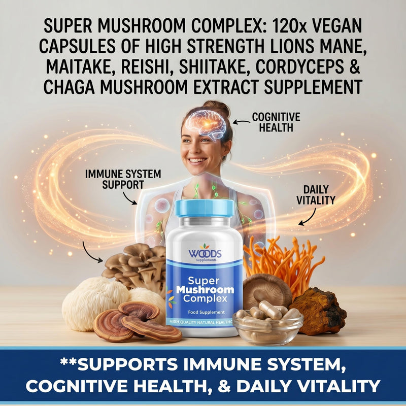 Woods Supplements - Super Mushroom Complex 60x Vegan Capsules of High Strength Lions Mane, Maitake, Reishi, Shiitake, Cordyceps & Chaga MushroomExtract Supplement 60