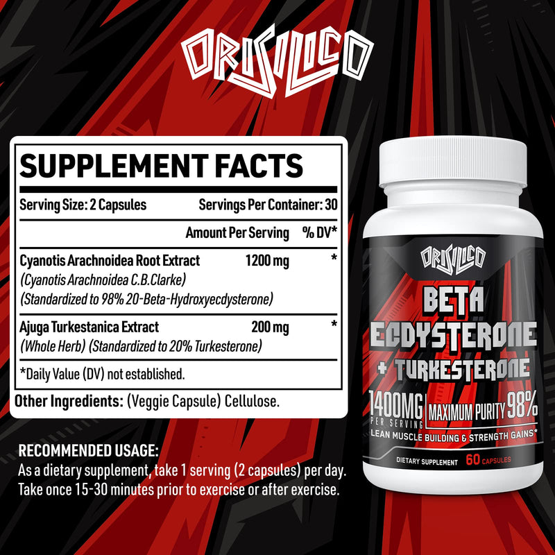 [Australia] - 1400mg Beta Ecdysterone and Turkesterone Supplements, Maximized 98% Beta Ecdysterone & 20% Turkesterone Extract for Muscle Mass,Strength, Protein Synthesis, 120 Capsules 60 Count (Pack of 2) 