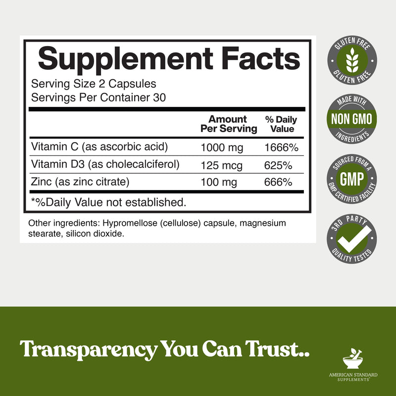 American Standard Supplements Zinc 100mg, Vitamin C 1000mg, and Vitamin D3 5000 IU (125mcg) Per Serving - Gluten Free, Non-GMO, 60 Capsules, 30 Servings 60 Count (Pack of 1)