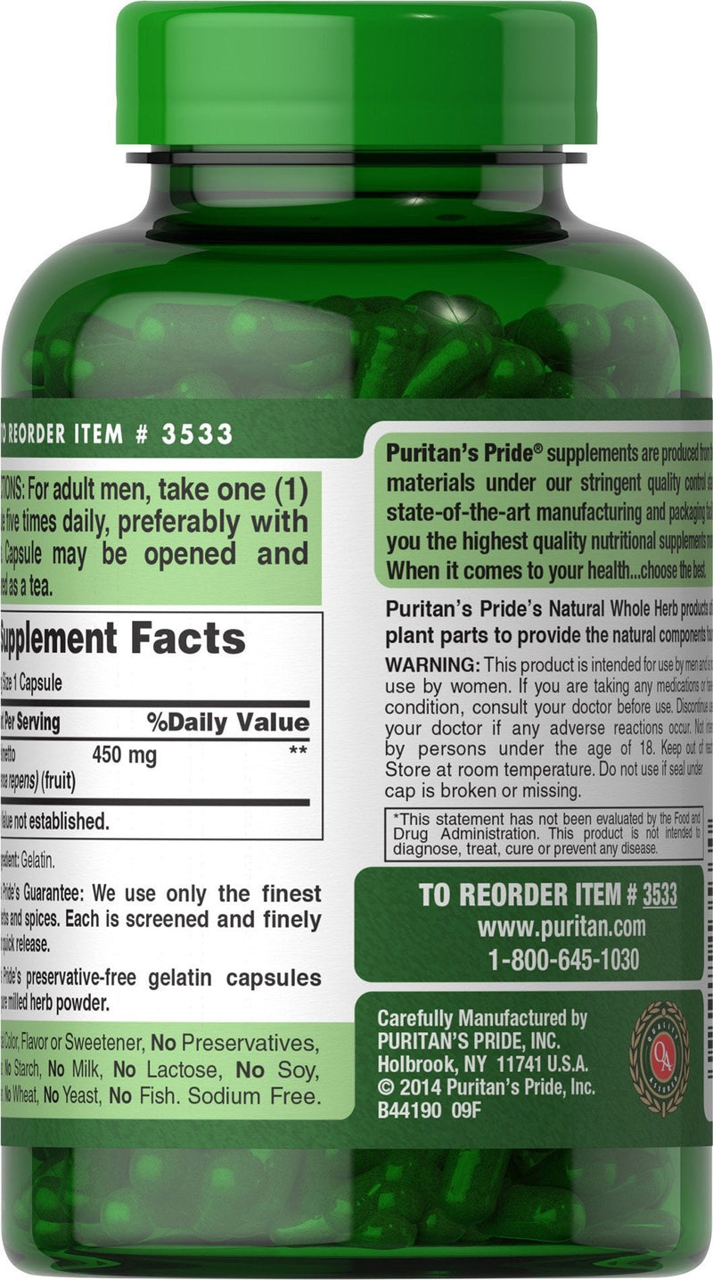 [Australia] - Puritan's Pride Saw Palmetto 450 Mg, Supports Prostate and Urinary Health, 200 Count 200 Count (Pack of 1) 
