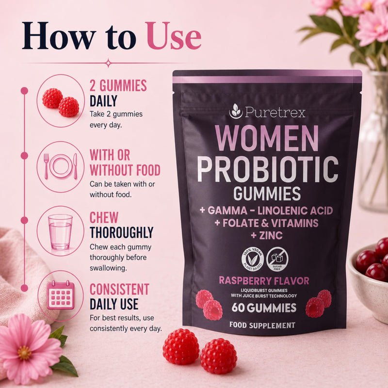 Puretrex Women’s Probiotic & Prebiotic Gummies, Gut Digestive Vaginal & Immune Health Support, pH Balance & Bloating Relief, UK Made Vegan Gummies with Folate Zinc & GLA, 60 Gummies, 1 Month Supply