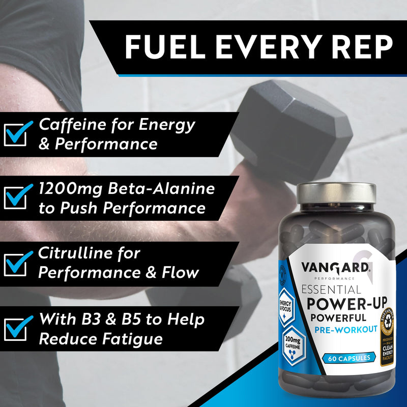 Vangard Essential Power Up Pre Workout Capsules - 15 Servings (60 Capsules), Made with Beta Alanine, Caffeine, Vitamin B3 and B5 to Improve Endurance Performance
