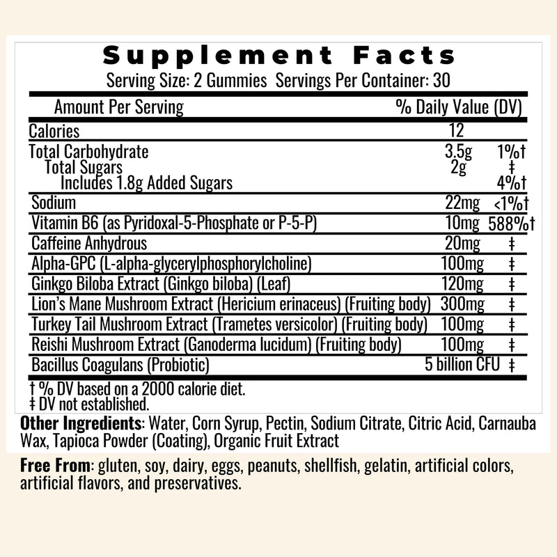 Mushroom Coffee Gummies with Lion’s Mane, Ginkgo Biloba, Alpha GPC & B6 P5P | Ginkgo Biloba, Alpha GPC, Mushroom Complex (Lion's Mane, Turkey Tail, Reishi), Probiotic, Vitamin B6 (P-5-P)