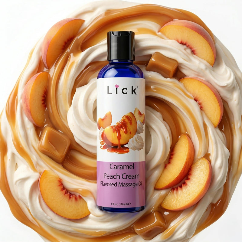 Caramel Peach Cream Flavored Massage Oil – Tropical Edible Massage Oil with Sweet Almond Oil & Vitamin E, Hydrating Body-Safe Formula for Relaxing Couples Massage, 4 oz