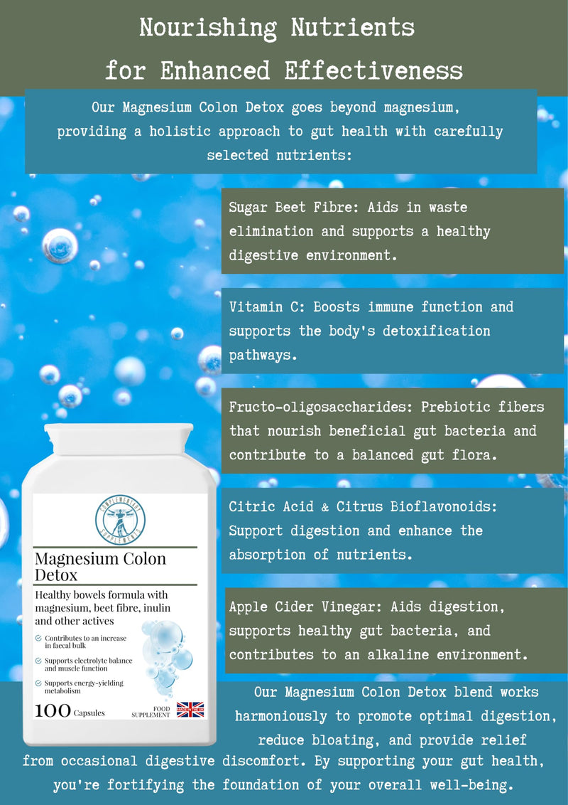 Magnesium Colon Detox – 4 Magnesium Types, Prebiotic Fibre, ACV & Vitamin C – Gentle Daily Digestive Support – Vegan, 100 Capsules