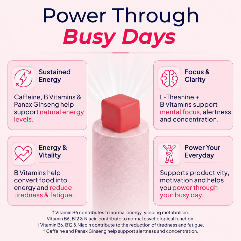 Energy Gummies, Daily Energy and Focus with Caffeine and L- Theanine, Strawberry Flavour, Vegan, 60 Gummies