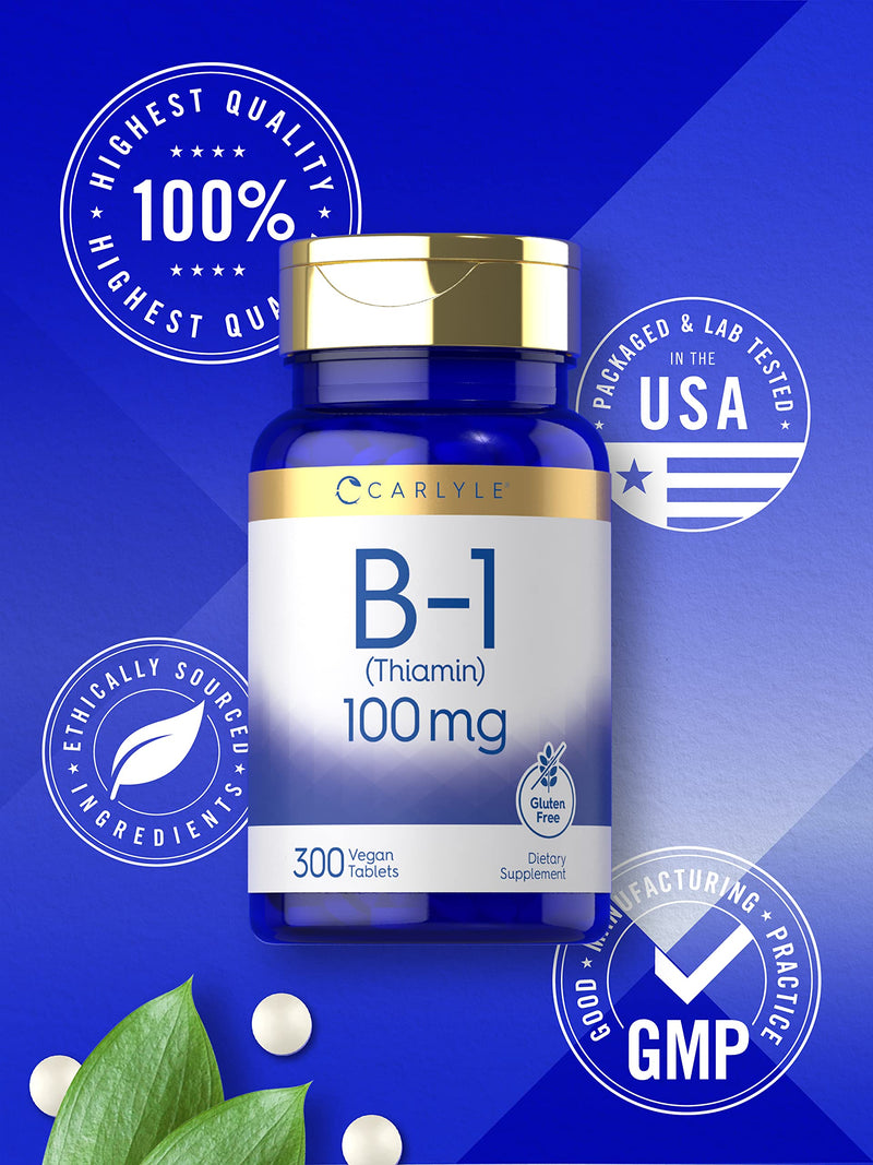 Carlyle B1 Vitamin 100mg | 300 Tablets | Supplement for Women & Men | as Thiamin HCl | Vegan, Non-GMO & Gluten Free