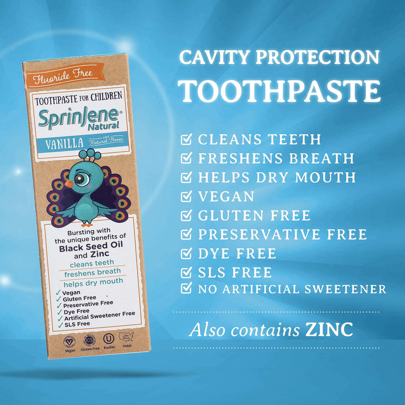 [Australia] - SprinJene Natural Children’s Toothpaste – Fluoride Free Vanilla Toothpaste for Toddlers & Kids – Gentle Safe Natural Formula with Patented Black Seed Oil & Zinc – Made in The USA (4 Pack) Pack of 4 