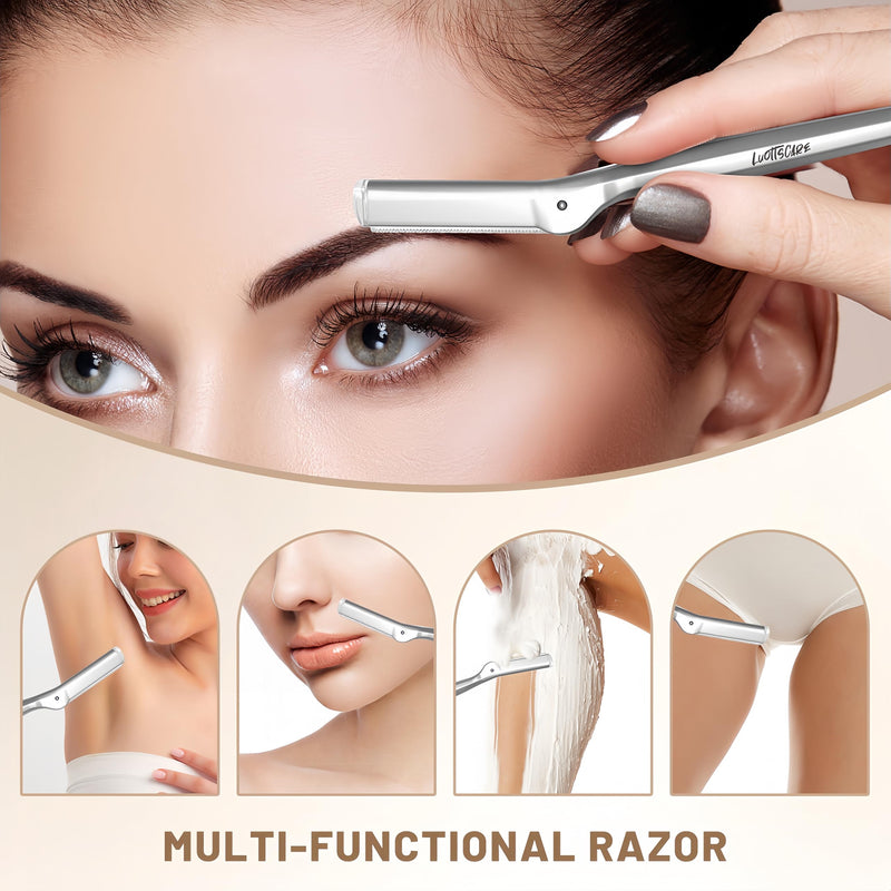 [Australia] - Stainless Steel Eyebrow Razor - Face Razors with Travel Cover & 10 Refill Blades, Eyebrow Brush - Help Exfoliate and Smooth Skin for Eyebrow, Leg, BIKINI, Facial, Beard Remove - L 