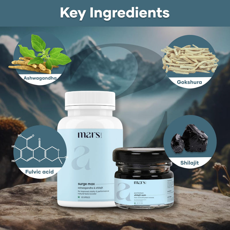 Mars by GHC Performance Combo | Surge Max 60 Capsules and Shilajit Resin 15g | Strength, Stamina & Vitality with Fulvic Acid | Pack of 1