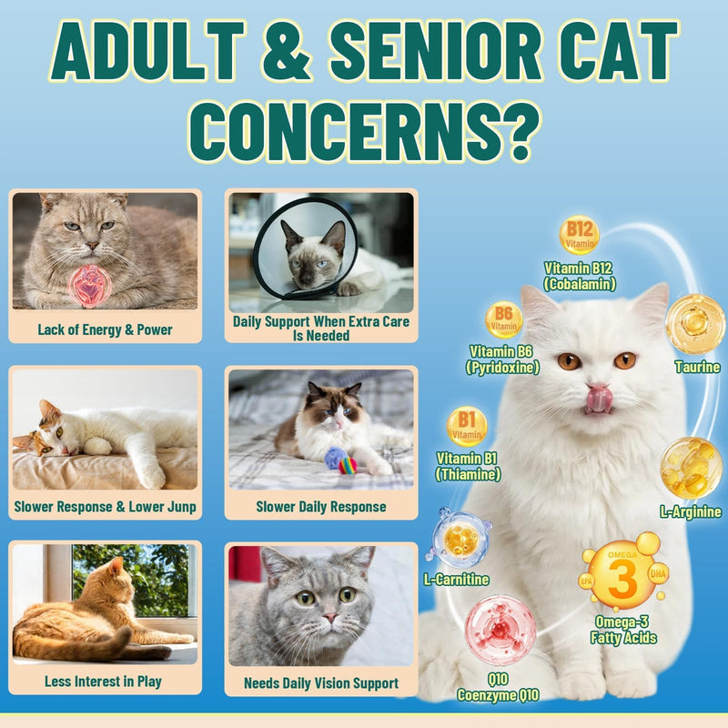 Taurine for Cats, CoQ10 for Cats, Heart Health Support for Adult & Senior Cats, 500 Crunchy Chews with Omega-3 & L-Carnitine, Cat Taurine Supplement for Eye & Muscle Support, Chicken Flavor