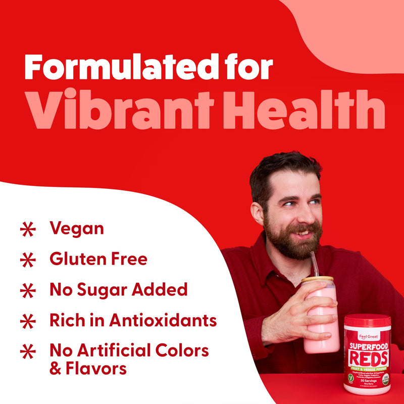 Feel Great Organic Superfood Reds Powder Packed with Beet Root Powder | Digestive Support Including Bloating Relief | Fruit and Veggie Polyphenols Supplement. Superfood Very Berry Reds Powder