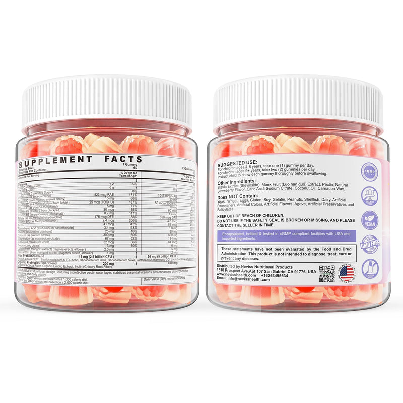 Vitamins for Kids 4+, Methylated Multivitamin Gummies w/Calcium, Probiotics | Methylfolate, Methyl B12, B6, Vitamin A, D3 K2, C, E, Zinc, Magnesium for Immunity, Bone, Growth, Energy, Sugar Free, 120 Cts 60 Count (Pack of 2)