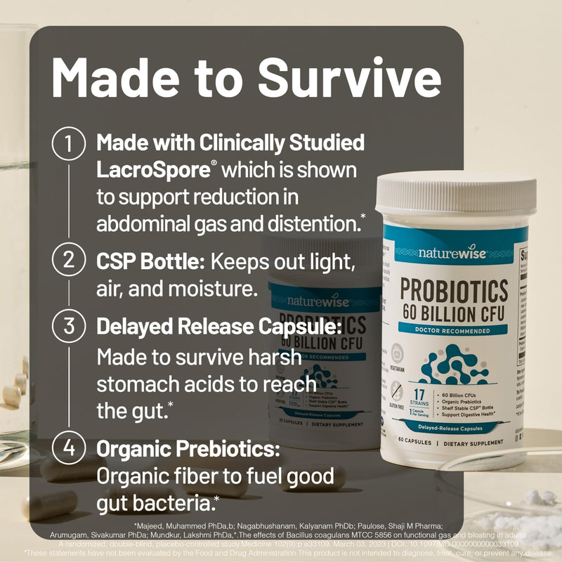 NatureWise Probiotics 60 Billion CFU - 17 Strains + Organic Prebiotics - Immune, Digestive & Gut Health Support for Women & Men - Vegetarian, Gluten-Free, Non-GMO - 60 Capsules[2-Month Supply] 60 Count (Pack of 1)