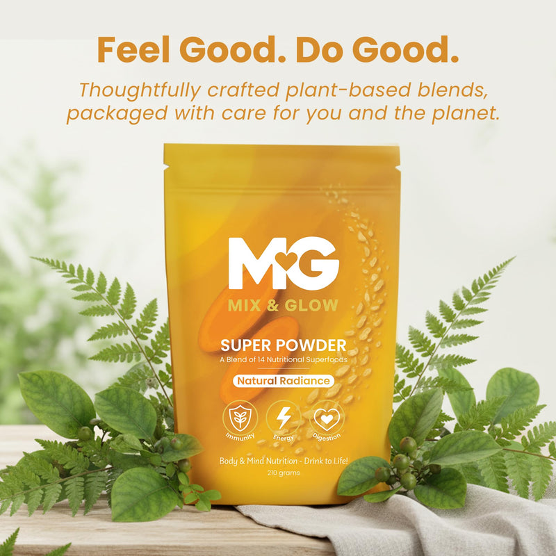Mix & Glow Super Powder | 14 Advanced Superfoods, Prebiotic Herbs, Greens and Adaptogens Including Turmeric, MCT Oil & Cacao | Vegan & Gluten Free | 30 Servings | Natural Radiance