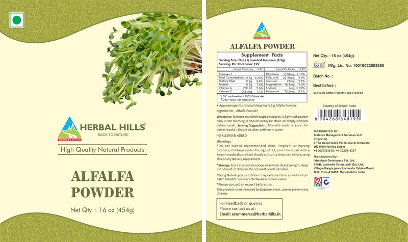 [Australia] - HERBAL HILLS Alfalfa Powder | 16 Oz (454 GMS) | Green Superfood Dried Whole Young Leaves 1 Pound (Pack of 1) 