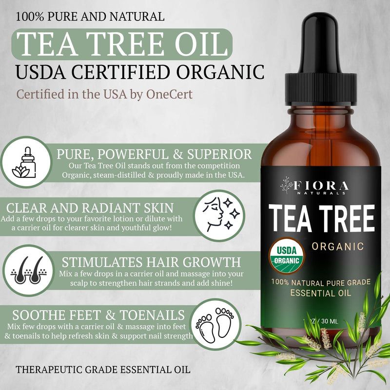 [Australia] - Tea Tree Oil ‚Äì 100% Pure Organic Tea Tree Essential Oil for Skin, Face, Hair, Scalp, Nails, and Toenail ‚Äì Therapeutic Grade Tree Tea Oil for Acne & Hair Growth ‚Äì 1 fl oz - by Fiora Naturals Organic Tea Tree Oil 1 Fl Oz (Pack of 1) 